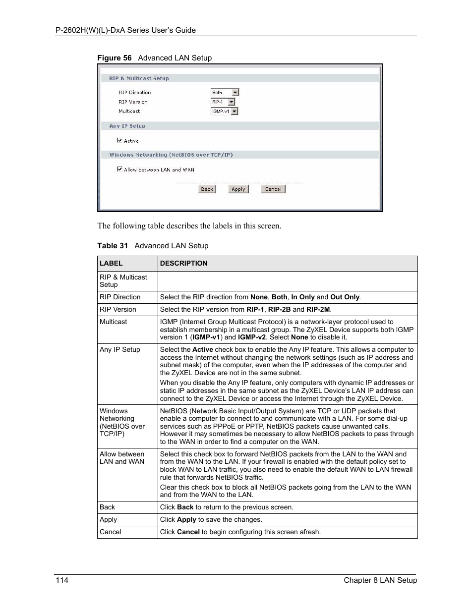 Figure 56 advanced lan setup, Table 31 advanced lan setup | ZyXEL Communications P-2602HW(L) Series User Manual | Page 114 / 427