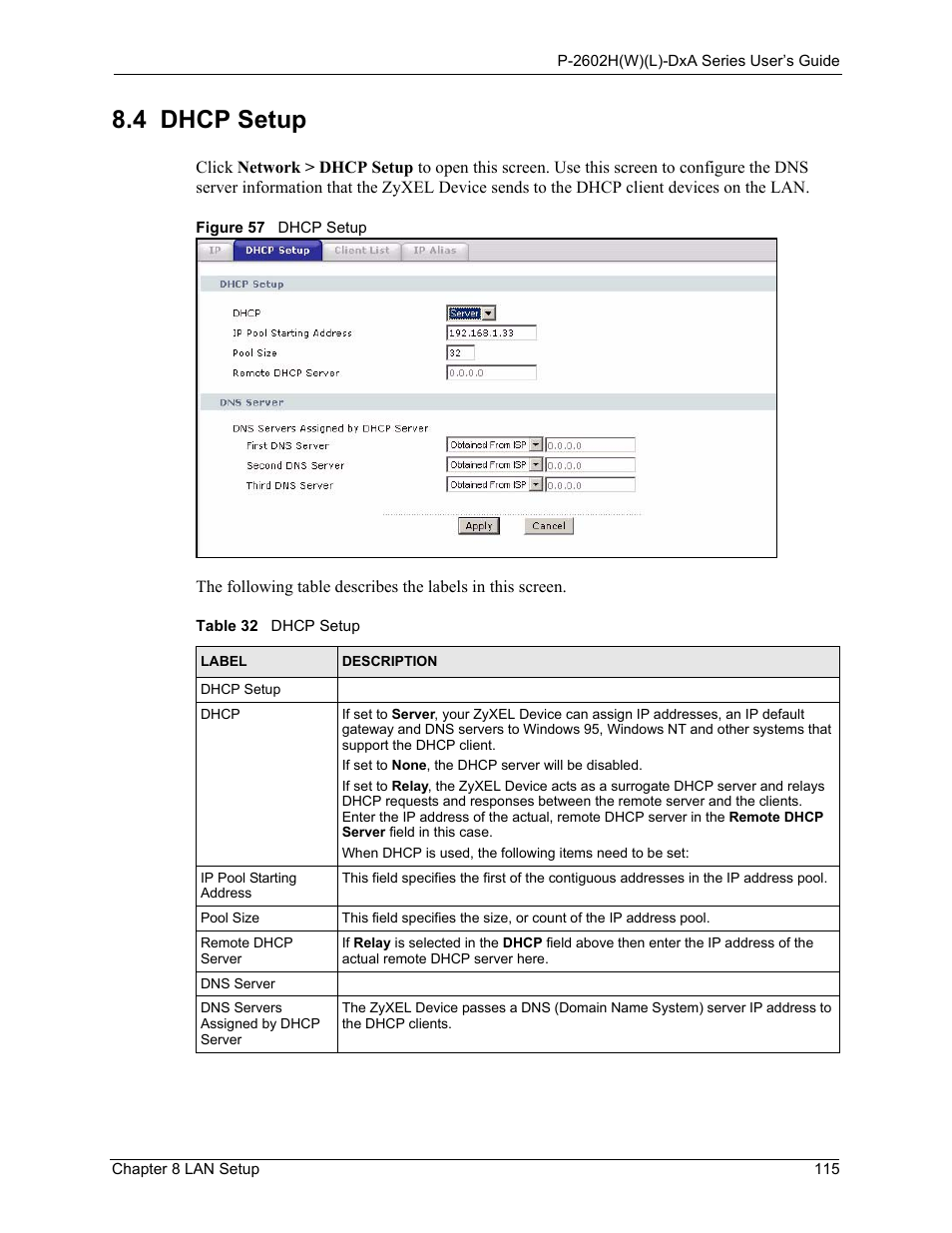 4 dhcp setup, Figure 57 dhcp setup, Table 32 dhcp setup | ZyXEL Communications P-2602HW(L) Series User Manual | Page 115 / 427