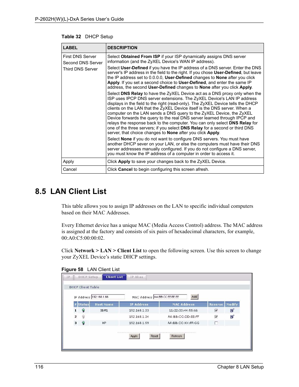 5 lan client list, Figure 58 lan client list | ZyXEL Communications P-2602HW(L) Series User Manual | Page 116 / 427