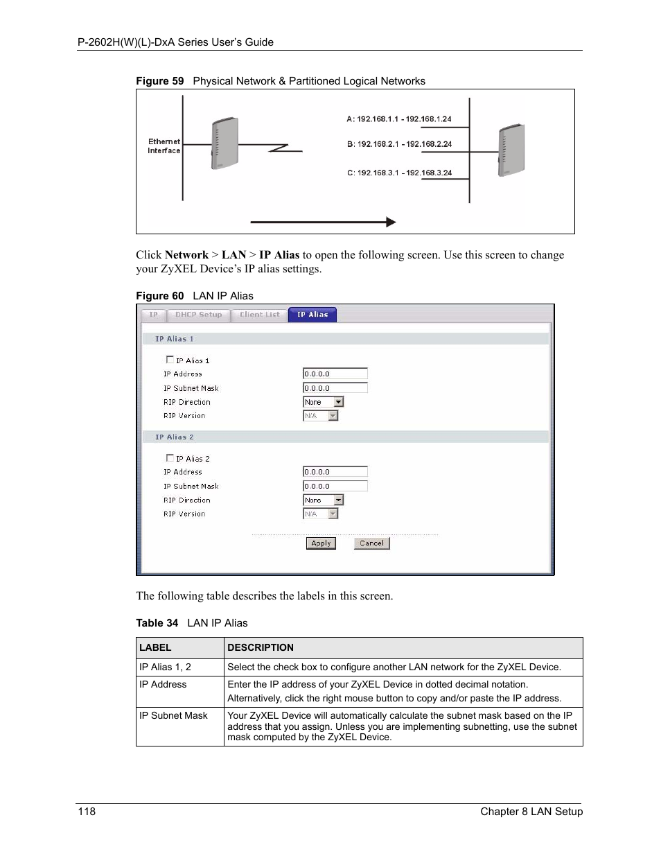 Table 34 lan ip alias | ZyXEL Communications P-2602HW(L) Series User Manual | Page 118 / 427