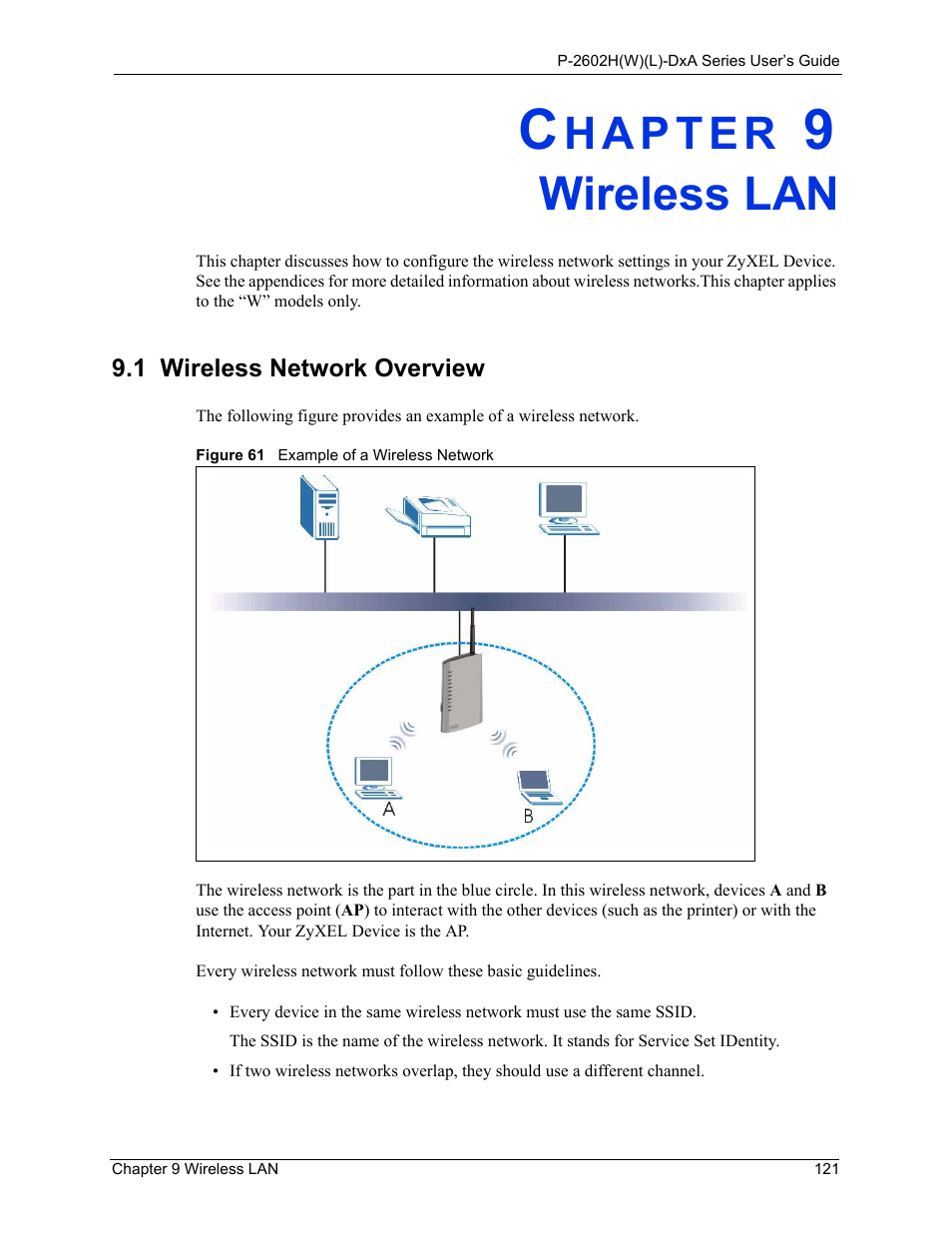 Wireless lan, 1 wireless network overview, Chapter 9 wireless lan | Figure 61 example of a wireless network | ZyXEL Communications P-2602HW(L) Series User Manual | Page 121 / 427