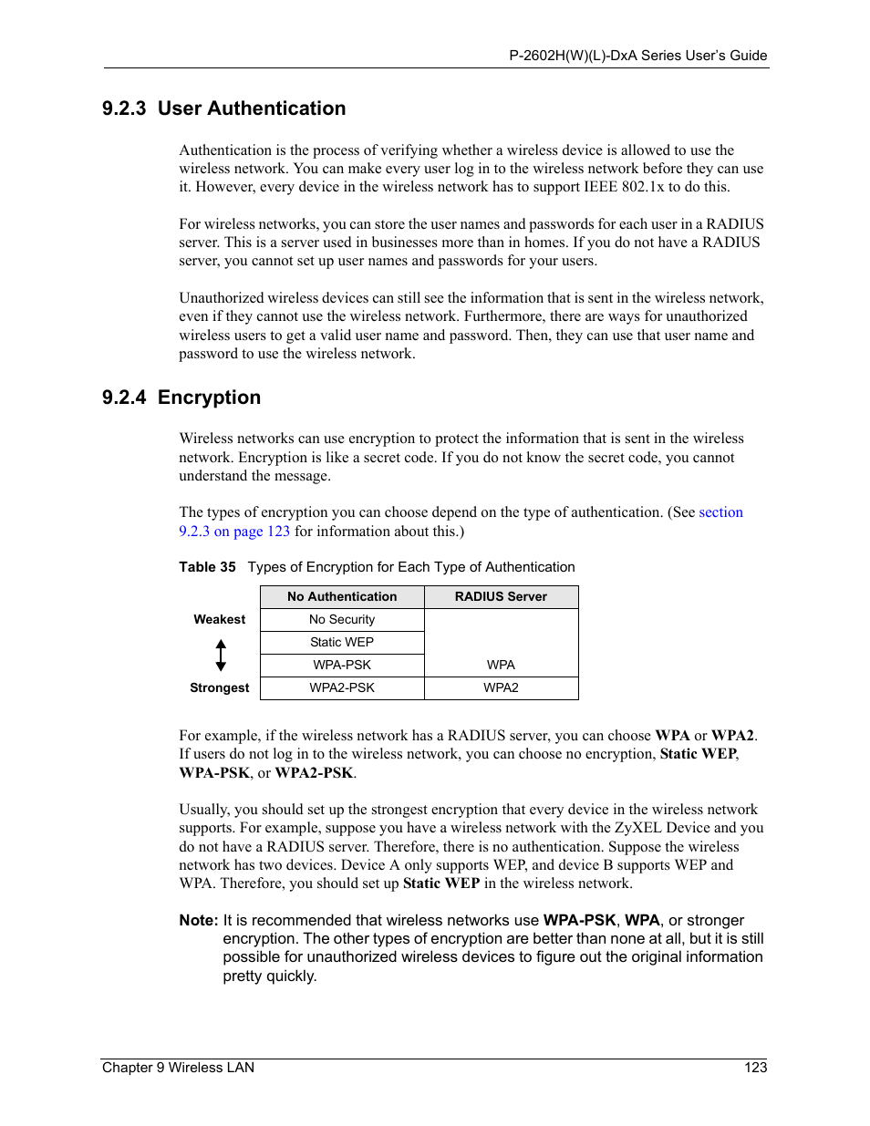 3 user authentication, 4 encryption, 3 user authentication 9.2.4 encryption | ZyXEL Communications P-2602HW(L) Series User Manual | Page 123 / 427