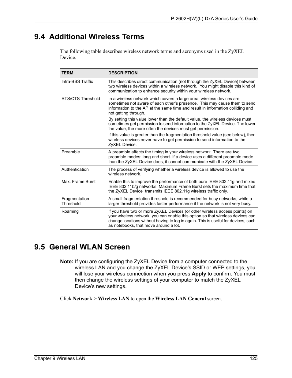 4 additional wireless terms, 5 general wlan screen | ZyXEL Communications P-2602HW(L) Series User Manual | Page 125 / 427