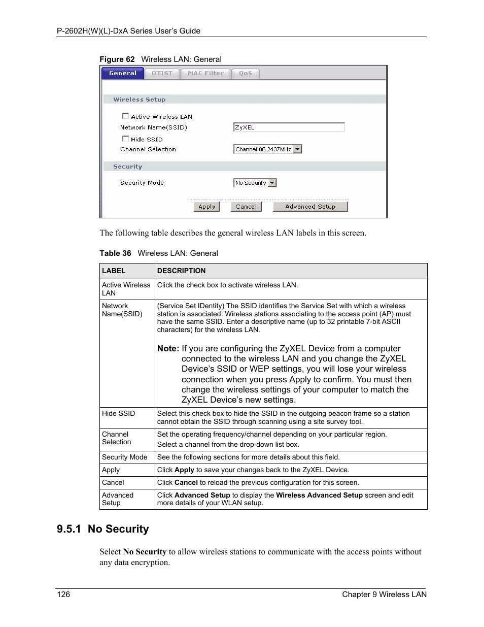 1 no security, Figure 62 wireless lan: general, Table 36 wireless lan: general | ZyXEL Communications P-2602HW(L) Series User Manual | Page 126 / 427
