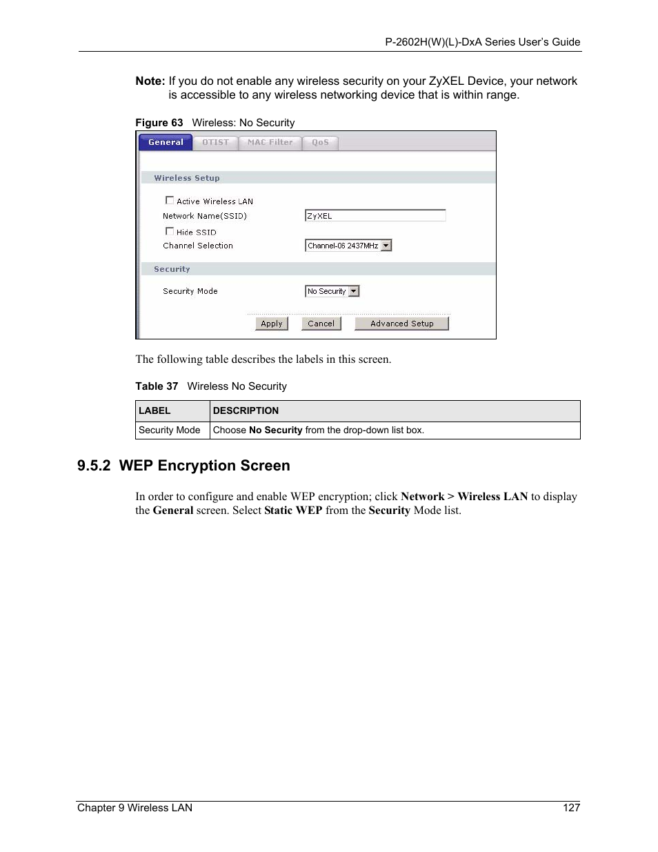 2 wep encryption screen, Figure 63 wireless: no security, Table 37 wireless no security | ZyXEL Communications P-2602HW(L) Series User Manual | Page 127 / 427