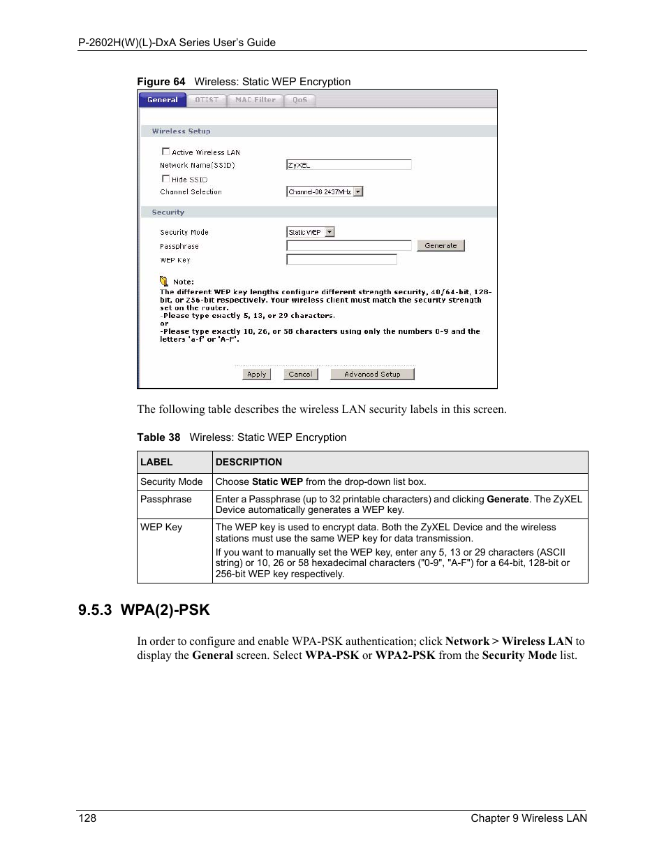 3 wpa(2)-psk, Figure 64 wireless: static wep encryption, Table 38 wireless: static wep encryption | ZyXEL Communications P-2602HW(L) Series User Manual | Page 128 / 427