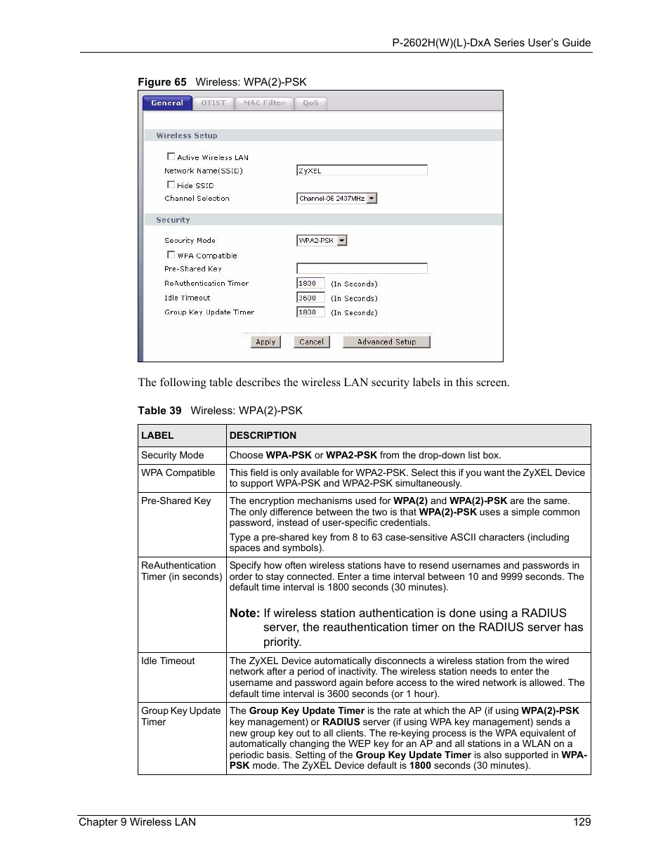 Figure 65 wireless: wpa(2)-psk, Table 39 wireless: wpa(2)-psk | ZyXEL Communications P-2602HW(L) Series User Manual | Page 129 / 427