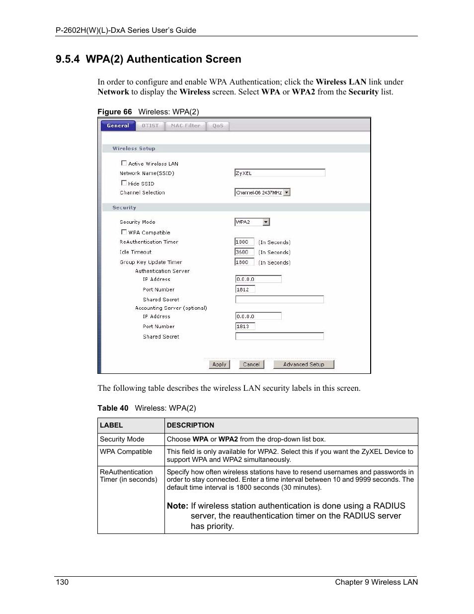 4 wpa(2) authentication screen, Figure 66 wireless: wpa(2), Table 40 wireless: wpa(2) | ZyXEL Communications P-2602HW(L) Series User Manual | Page 130 / 427