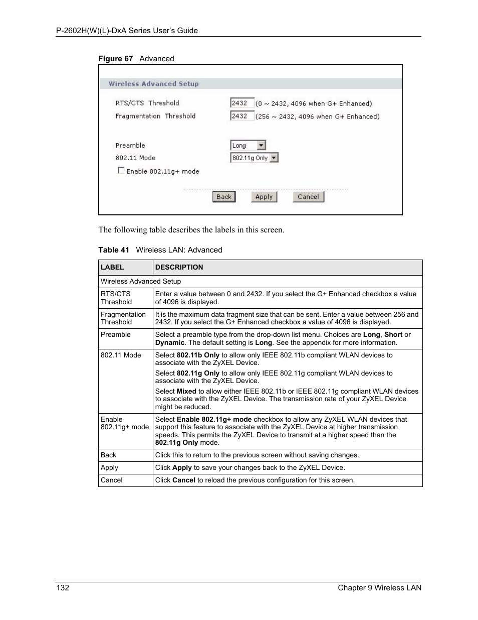 Figure 67 advanced, Table 41 wireless lan: advanced | ZyXEL Communications P-2602HW(L) Series User Manual | Page 132 / 427