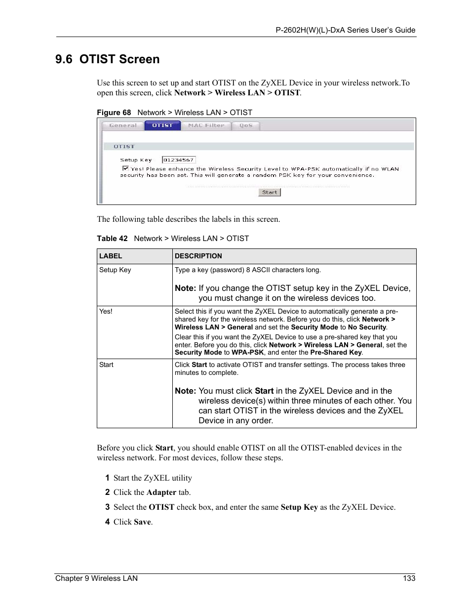 6 otist screen, Figure 68 network > wireless lan > otist, Table 42 network > wireless lan > otist | ZyXEL Communications P-2602HW(L) Series User Manual | Page 133 / 427