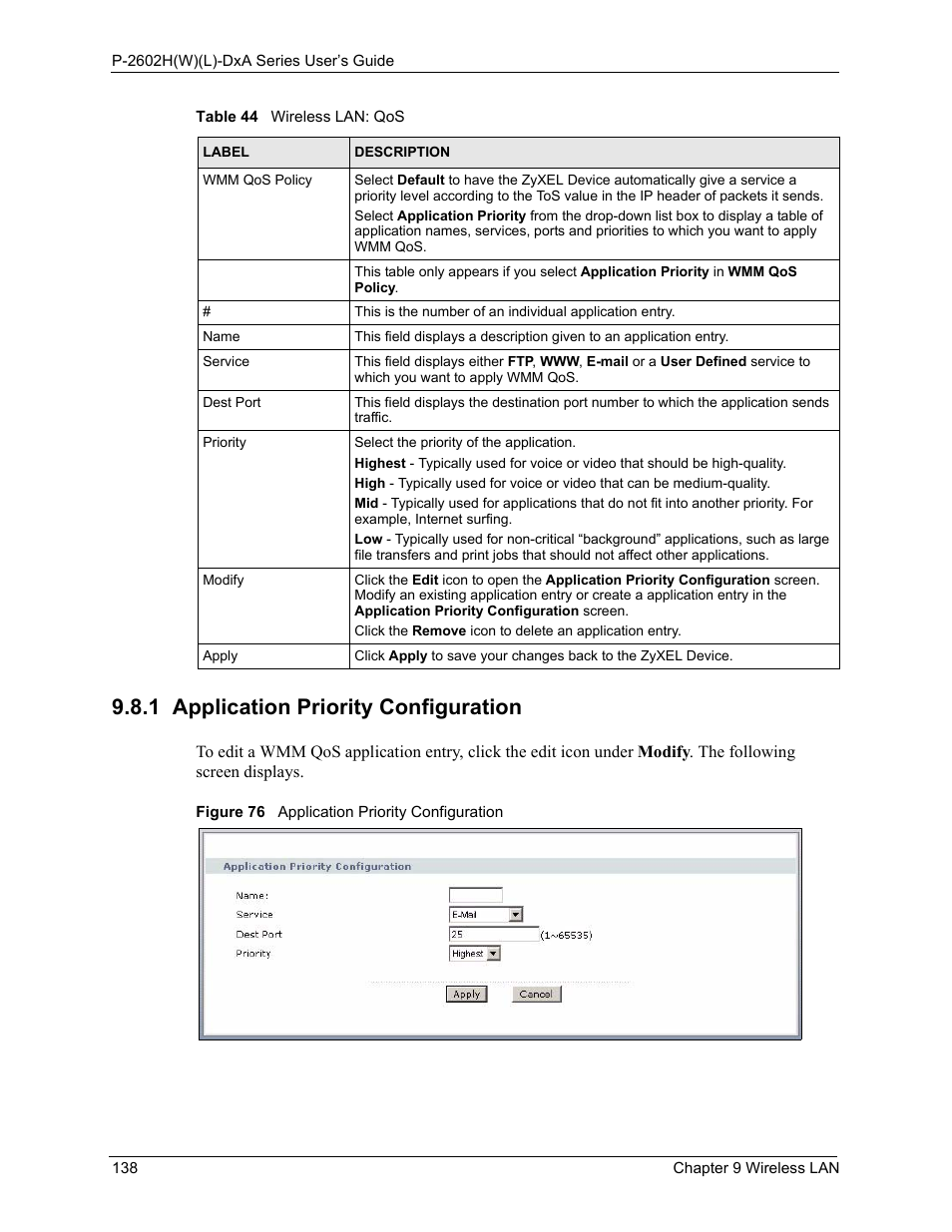 1 application priority configuration, Figure 76 application priority configuration | ZyXEL Communications P-2602HW(L) Series User Manual | Page 138 / 427