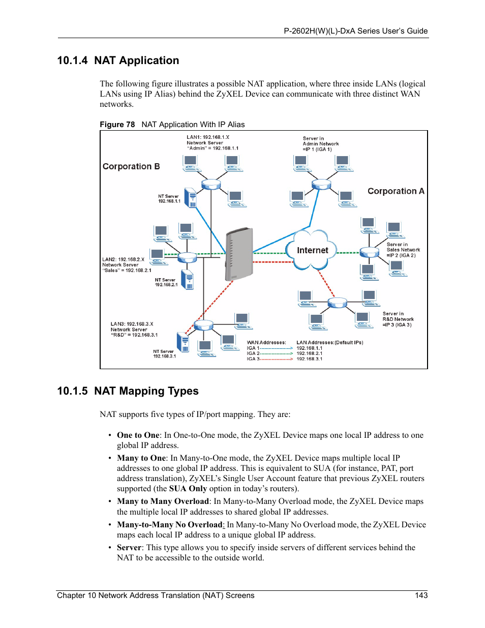 4 nat application, 5 nat mapping types, 4 nat application 10.1.5 nat mapping types | Figure 78 nat application with ip alias | ZyXEL Communications P-2602HW(L) Series User Manual | Page 143 / 427
