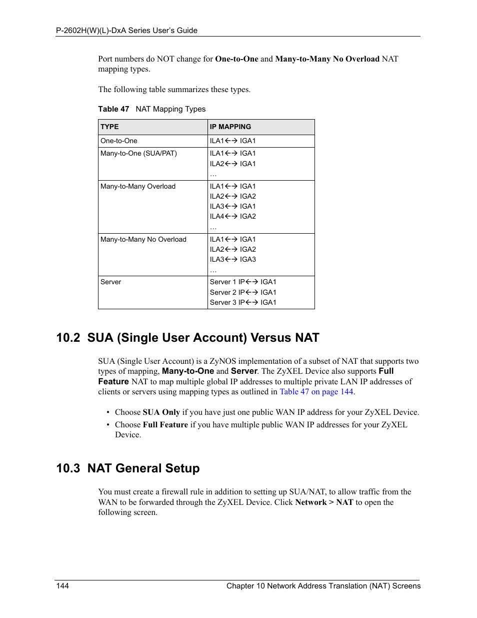 2 sua (single user account) versus nat, Table 47 nat mapping types, 3 nat general setup | ZyXEL Communications P-2602HW(L) Series User Manual | Page 144 / 427