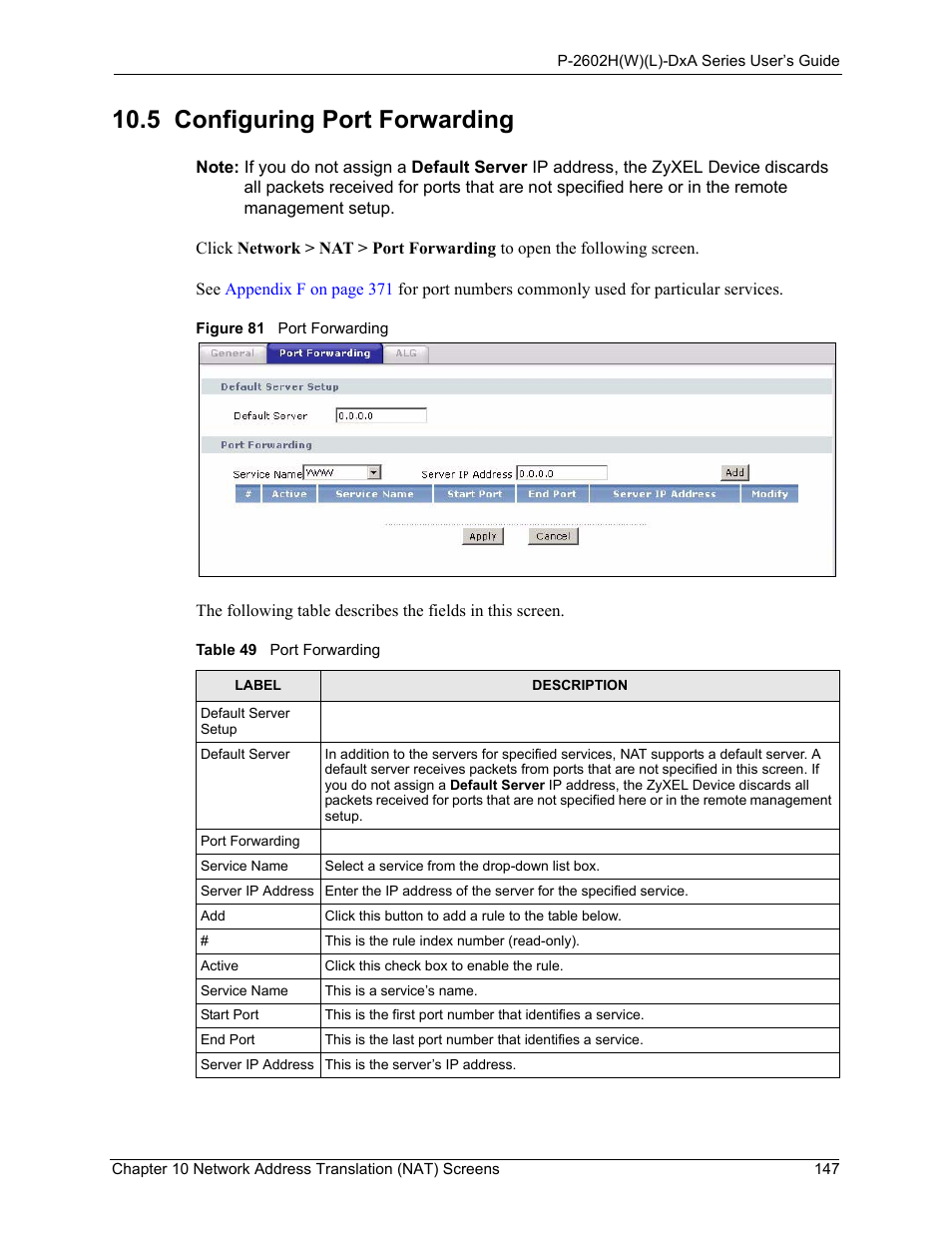 5 configuring port forwarding, Figure 81 port forwarding, Table 49 port forwarding | ZyXEL Communications P-2602HW(L) Series User Manual | Page 147 / 427
