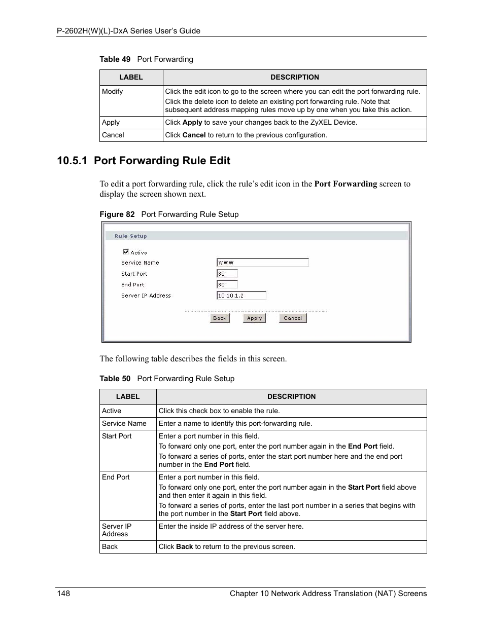 1 port forwarding rule edit, Figure 82 port forwarding rule setup, Table 50 port forwarding rule setup | ZyXEL Communications P-2602HW(L) Series User Manual | Page 148 / 427