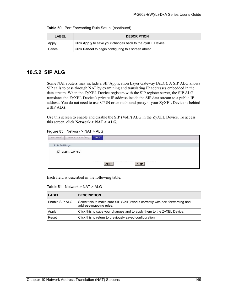 2 sip alg, Figure 83 network > nat > alg, Table 51 network > nat > alg | ZyXEL Communications P-2602HW(L) Series User Manual | Page 149 / 427