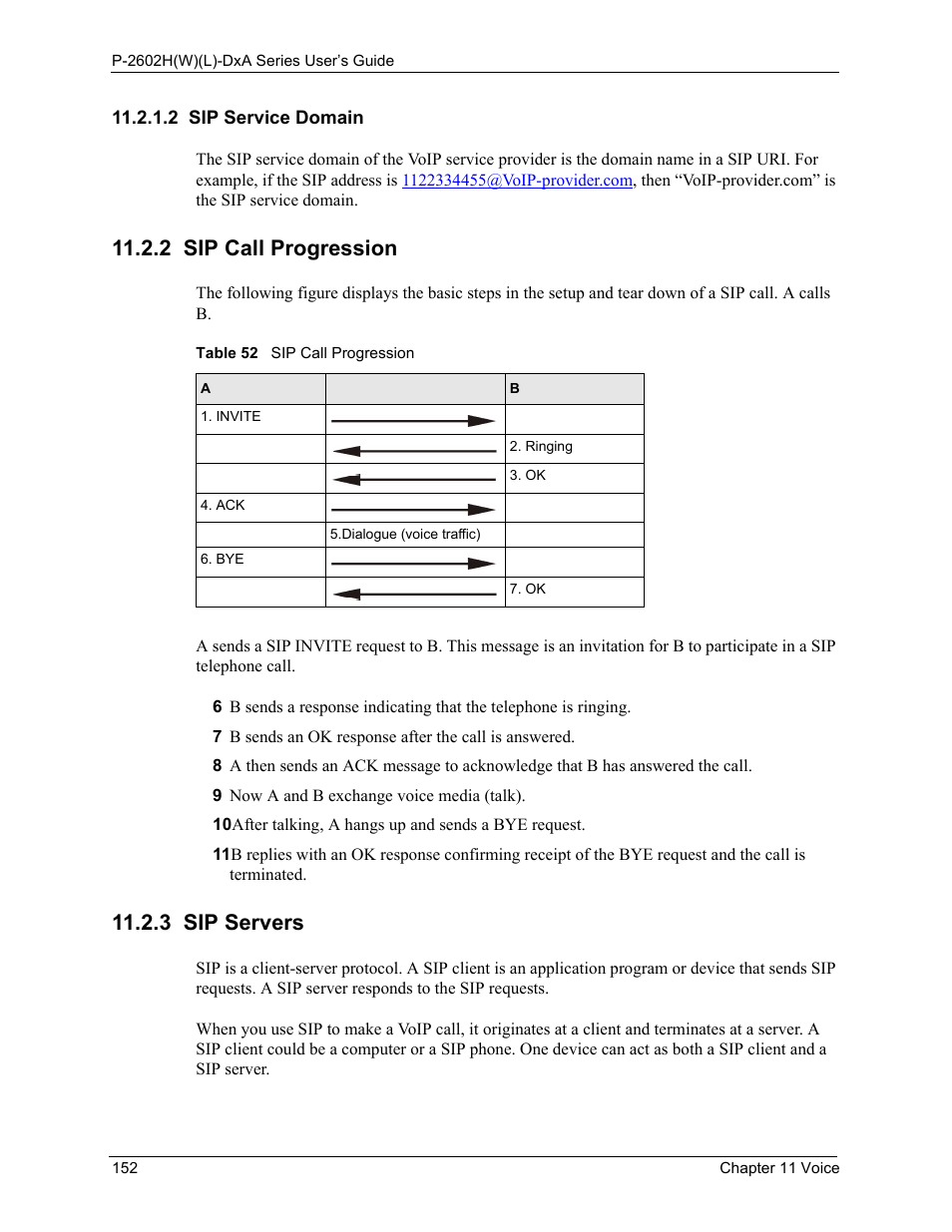 2 sip service domain, 2 sip call progression, 3 sip servers | 2 sip call progression 11.2.3 sip servers, Table 52 sip call progression | ZyXEL Communications P-2602HW(L) Series User Manual | Page 152 / 427