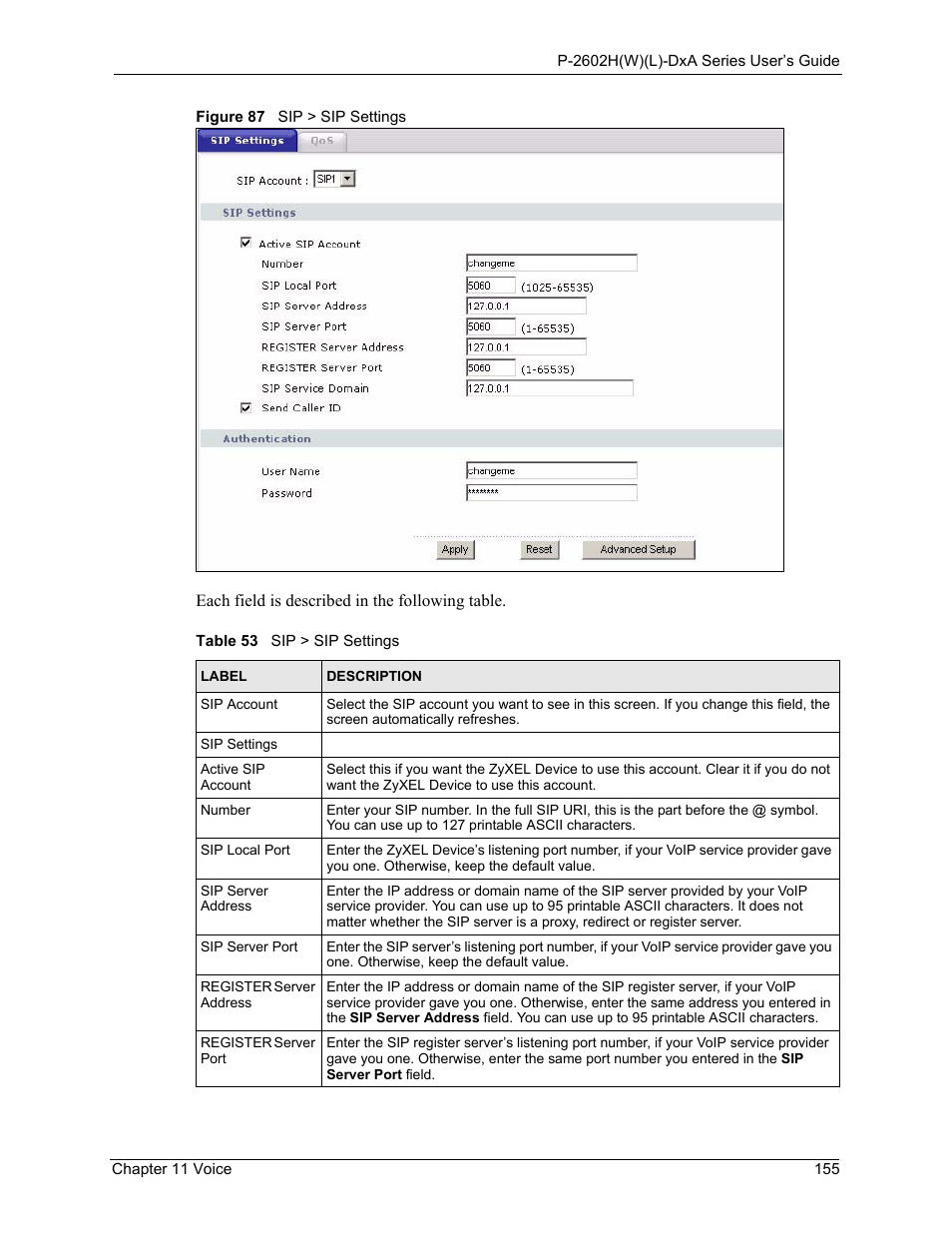 Figure 87 sip > sip settings, Table 53 sip > sip settings | ZyXEL Communications P-2602HW(L) Series User Manual | Page 155 / 427