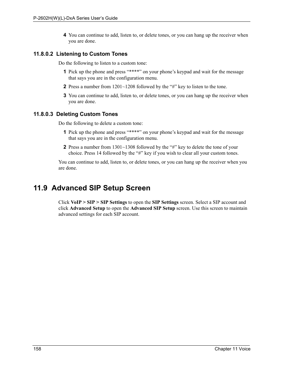 2 listening to custom tones, 3 deleting custom tones, 9 advanced sip setup screen | ZyXEL Communications P-2602HW(L) Series User Manual | Page 158 / 427