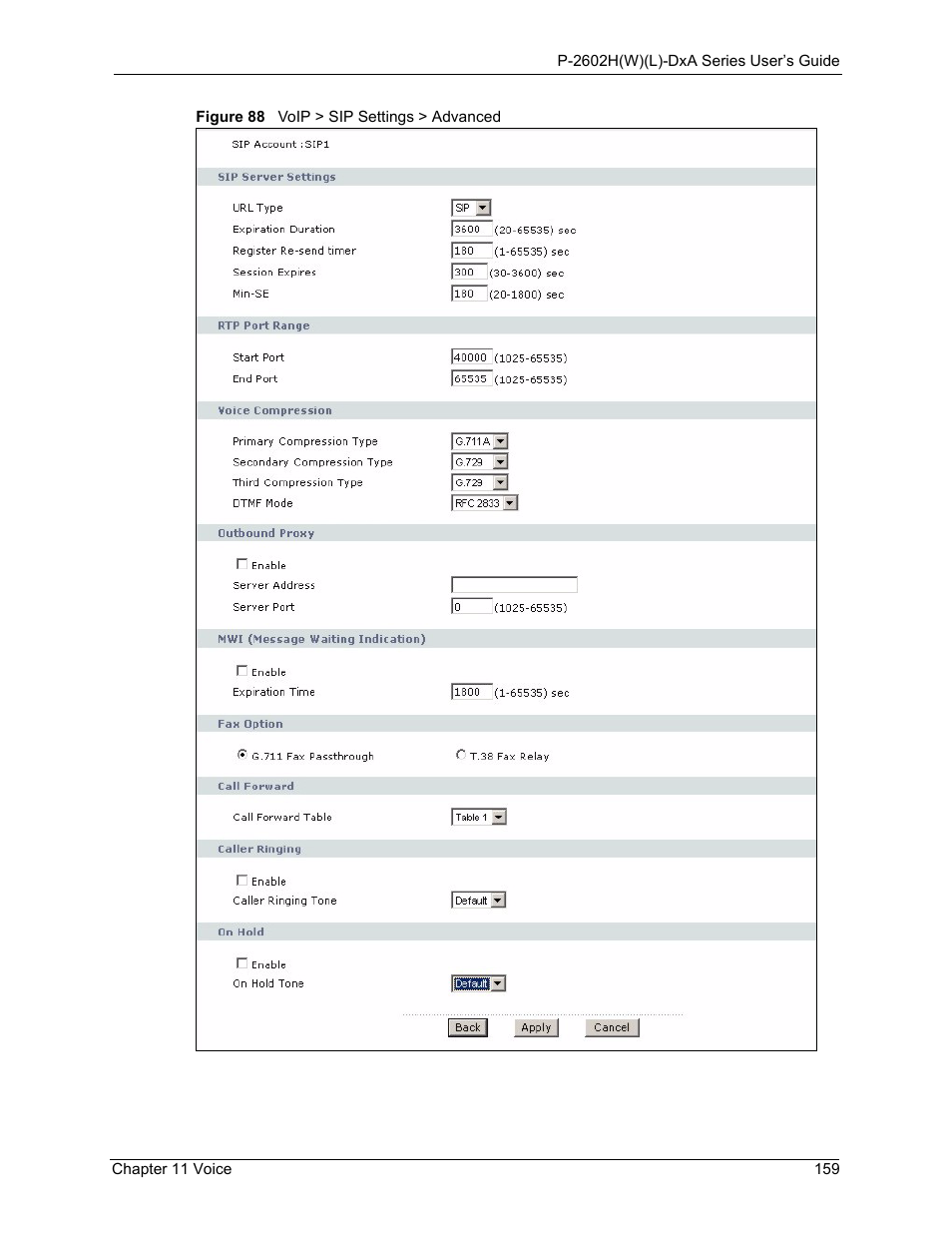 Figure 88 voip > sip settings > advanced | ZyXEL Communications P-2602HW(L) Series User Manual | Page 159 / 427