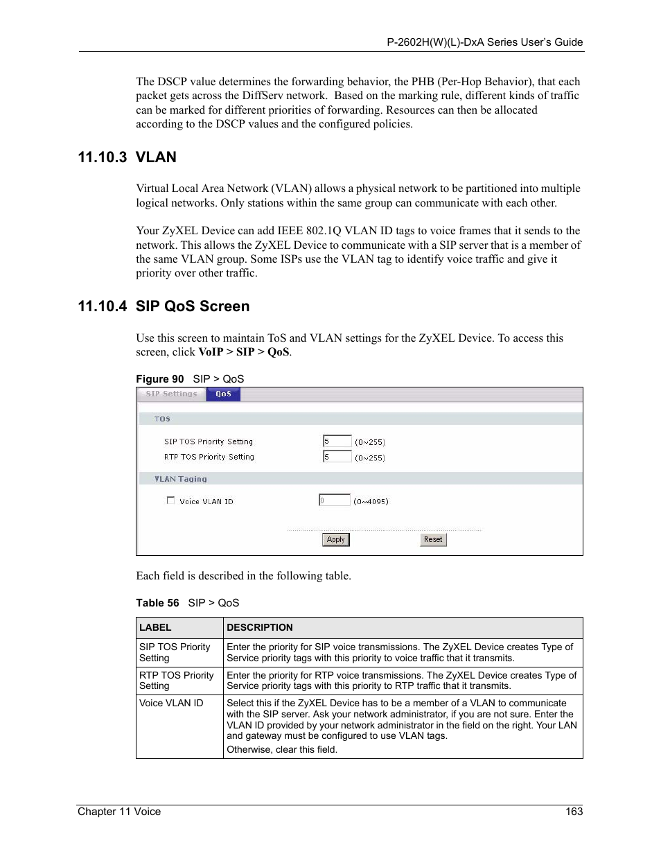 3 vlan, 3 vlan 11.10.4 sip qos screen, Figure 90 sip > qos | Table 56 sip > qos, 4 sip qos screen | ZyXEL Communications P-2602HW(L) Series User Manual | Page 163 / 427
