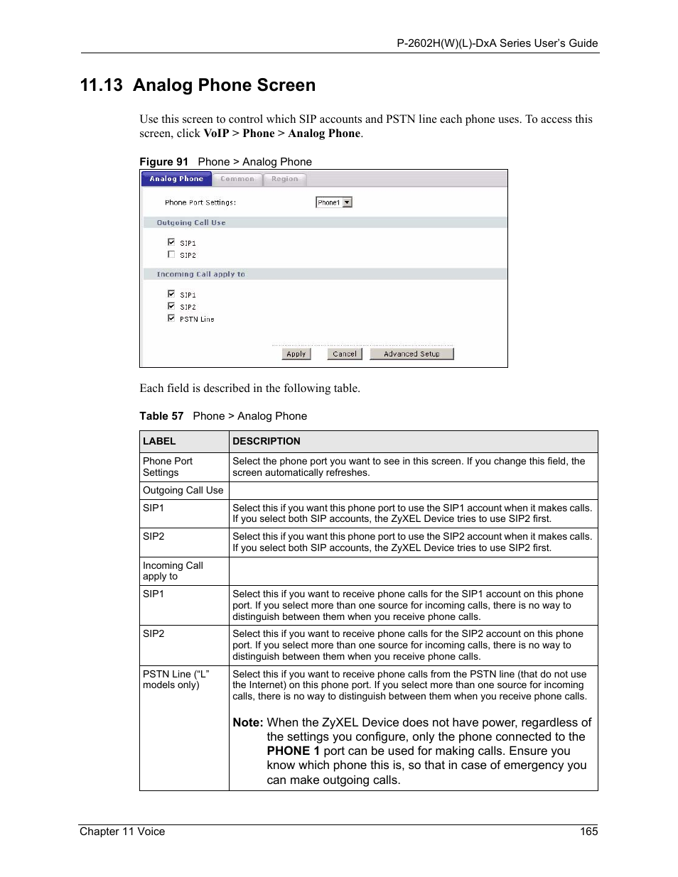 13 analog phone screen, Figure 91 phone > analog phone, Table 57 phone > analog phone | ZyXEL Communications P-2602HW(L) Series User Manual | Page 165 / 427