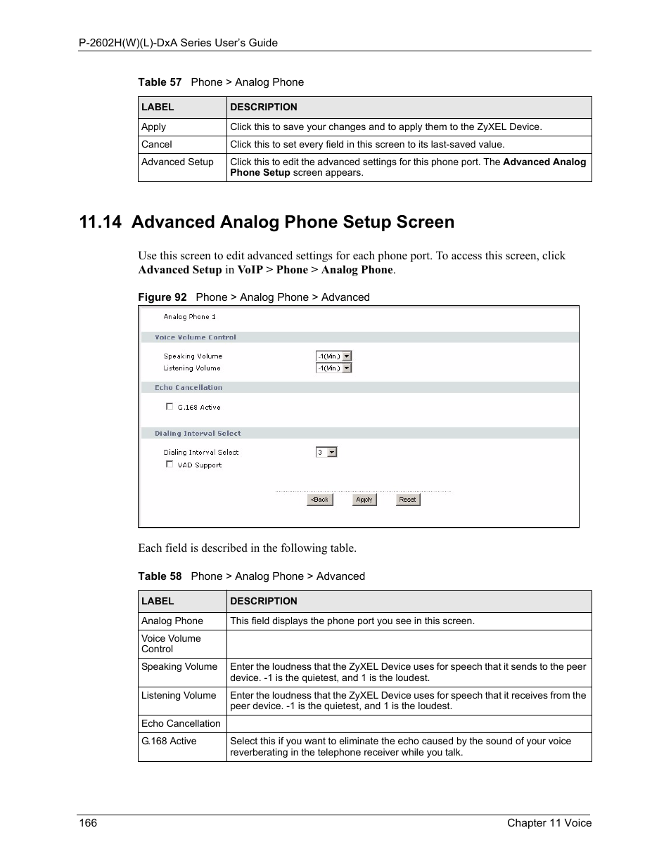 14 advanced analog phone setup screen, Figure 92 phone > analog phone > advanced, Table 58 phone > analog phone > advanced | ZyXEL Communications P-2602HW(L) Series User Manual | Page 166 / 427