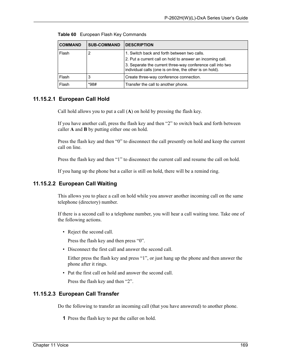1 european call hold, 2 european call waiting, 3 european call transfer | ZyXEL Communications P-2602HW(L) Series User Manual | Page 169 / 427