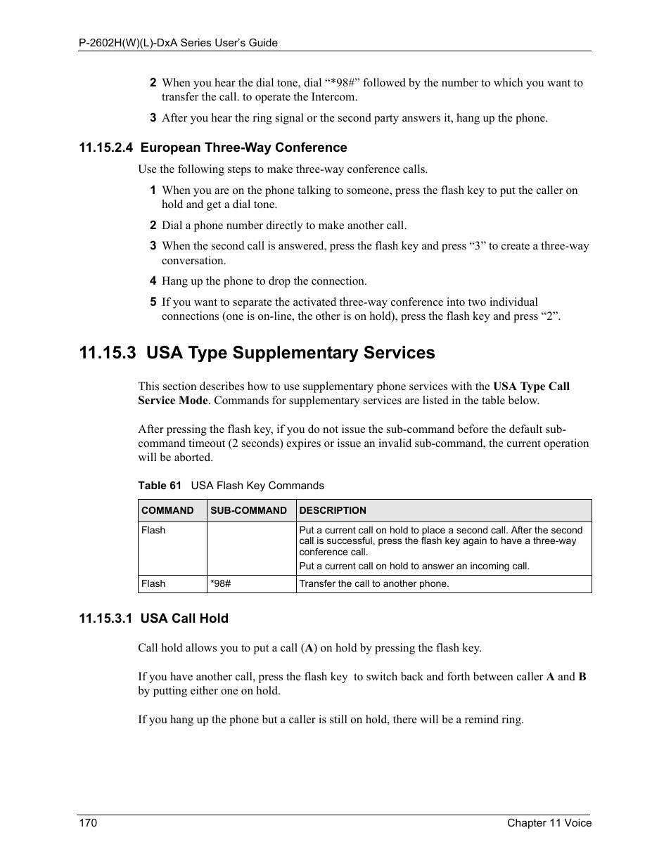 4 european three-way conference, 3 usa type supplementary services, 1 usa call hold | Table 61 usa flash key commands | ZyXEL Communications P-2602HW(L) Series User Manual | Page 170 / 427