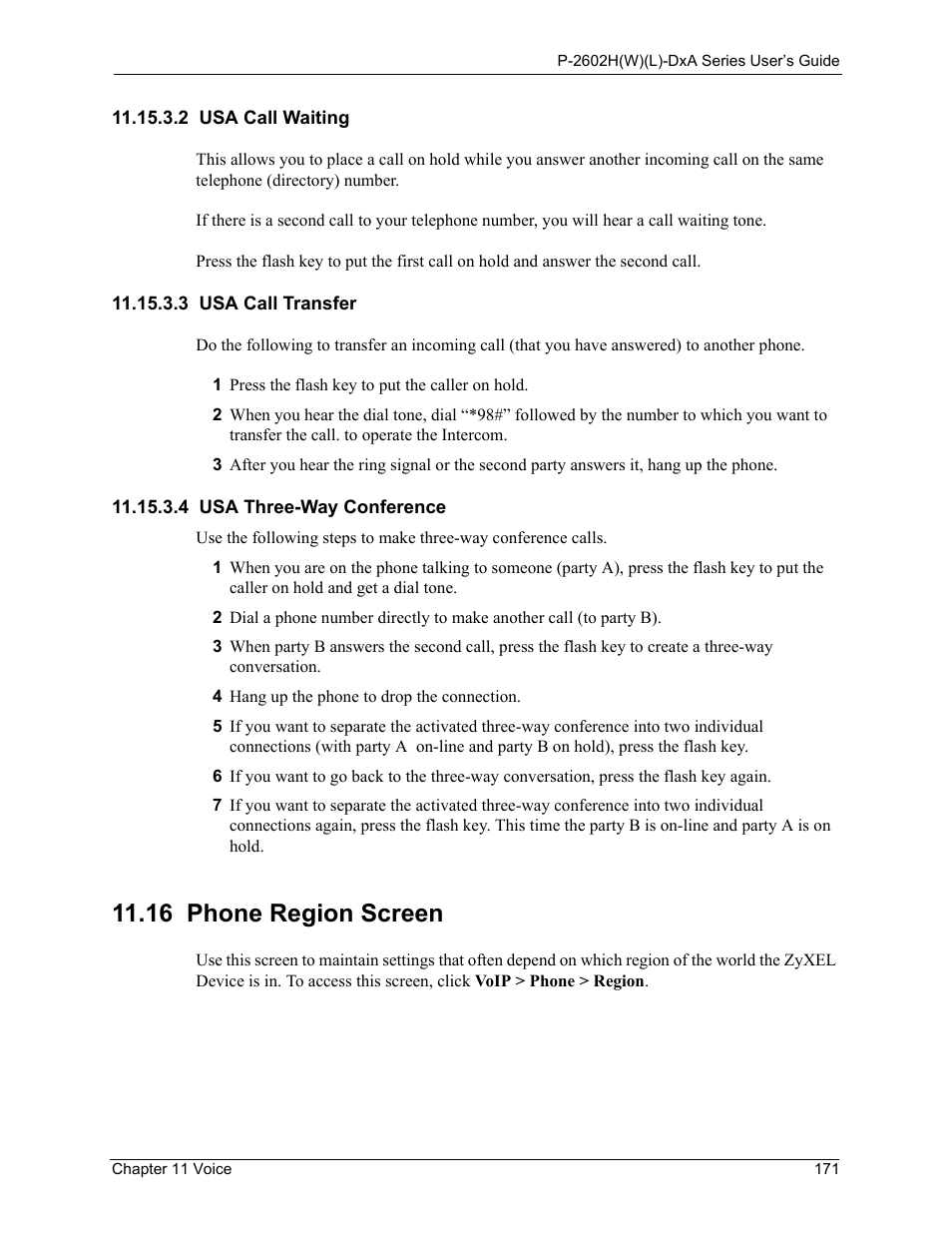 2 usa call waiting, 3 usa call transfer, 4 usa three-way conference | 16 phone region screen | ZyXEL Communications P-2602HW(L) Series User Manual | Page 171 / 427