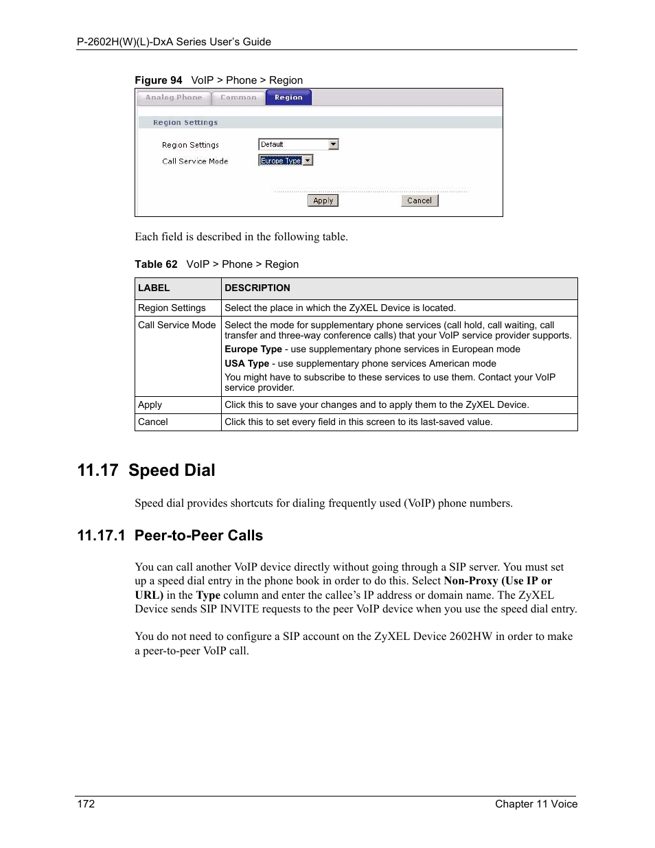17 speed dial, 1 peer-to-peer calls, Figure 94 voip > phone > region | Table 62 voip > phone > region | ZyXEL Communications P-2602HW(L) Series User Manual | Page 172 / 427