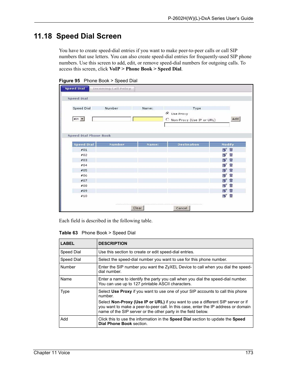 18 speed dial screen, Figure 95 phone book > speed dial, Table 63 phone book > speed dial | ZyXEL Communications P-2602HW(L) Series User Manual | Page 173 / 427