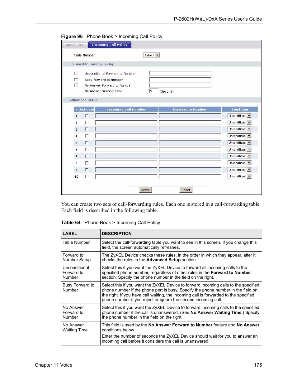 Figure 96 phone book > incoming call policy, Table 64 phone book > incoming call policy | ZyXEL Communications P-2602HW(L) Series User Manual | Page 175 / 427
