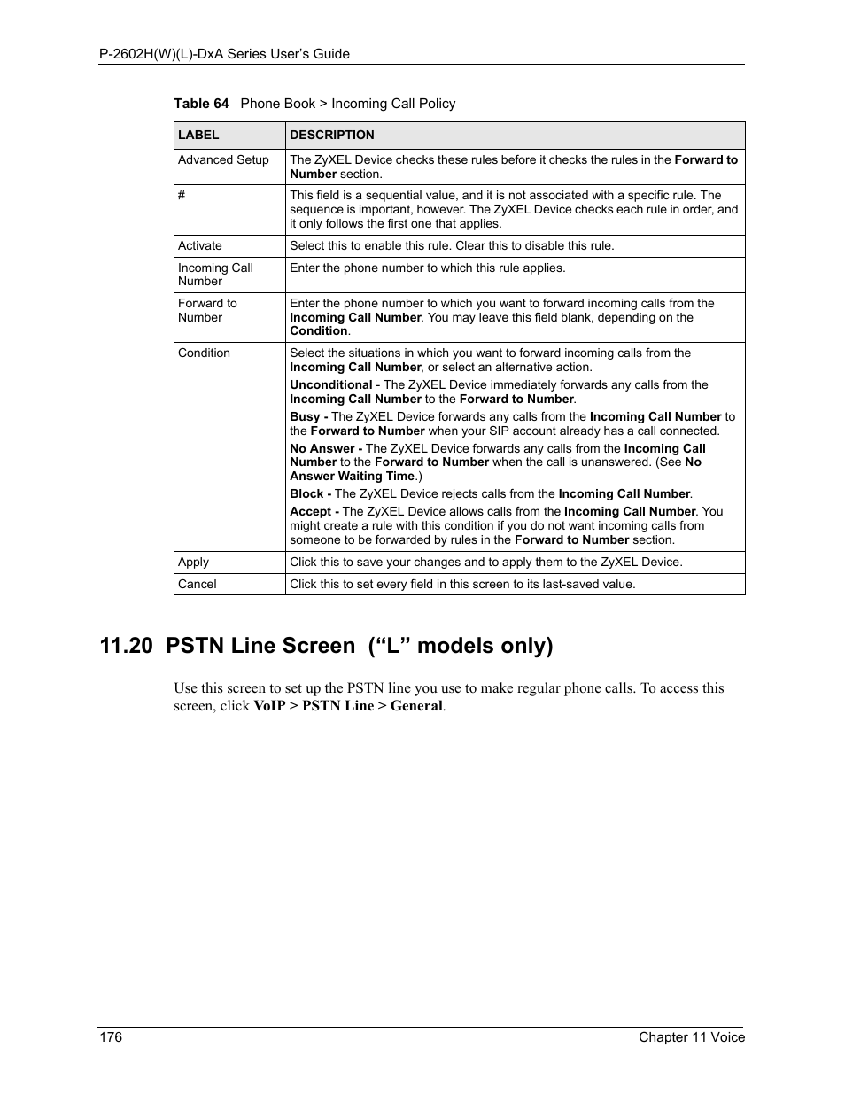 20 pstn line screen (“l” models only) | ZyXEL Communications P-2602HW(L) Series User Manual | Page 176 / 427