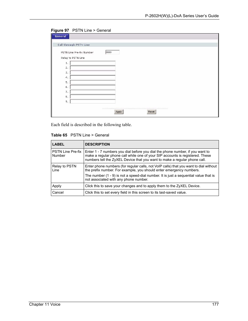 Figure 97 pstn line > general, Table 65 pstn line > general | ZyXEL Communications P-2602HW(L) Series User Manual | Page 177 / 427