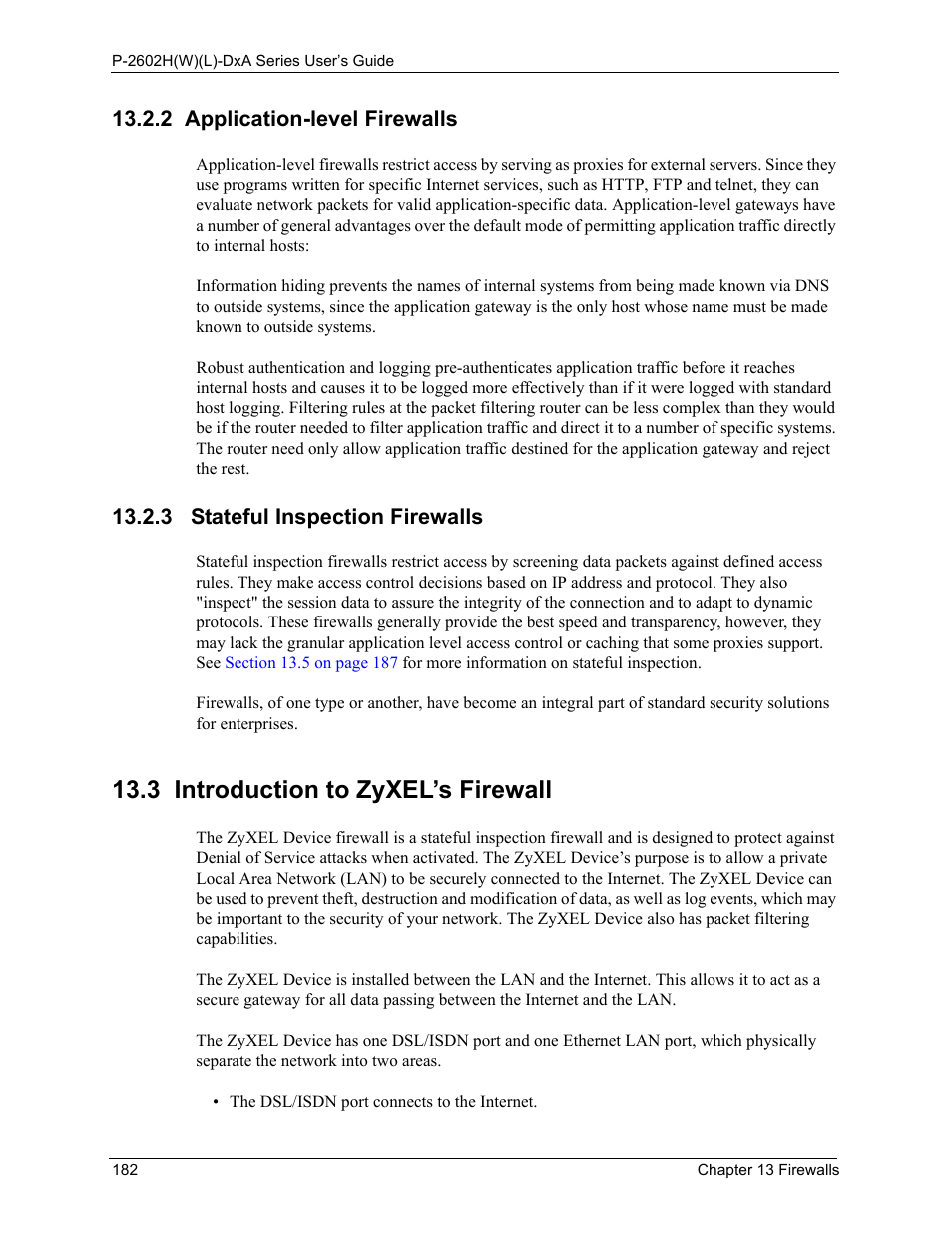 2 application-level firewalls, 3 stateful inspection firewalls, 3 introduction to zyxel’s firewall | ZyXEL Communications P-2602HW(L) Series User Manual | Page 182 / 427
