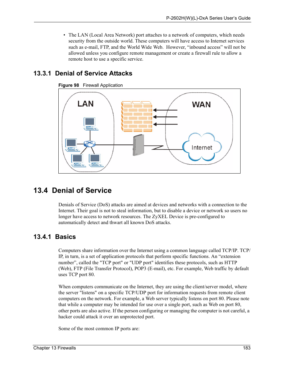 1 denial of service attacks, 4 denial of service, 1 basics | Figure 98 firewall application | ZyXEL Communications P-2602HW(L) Series User Manual | Page 183 / 427