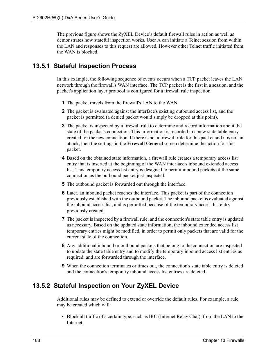 1 stateful inspection process, 2 stateful inspection on your zyxel device | ZyXEL Communications P-2602HW(L) Series User Manual | Page 188 / 427
