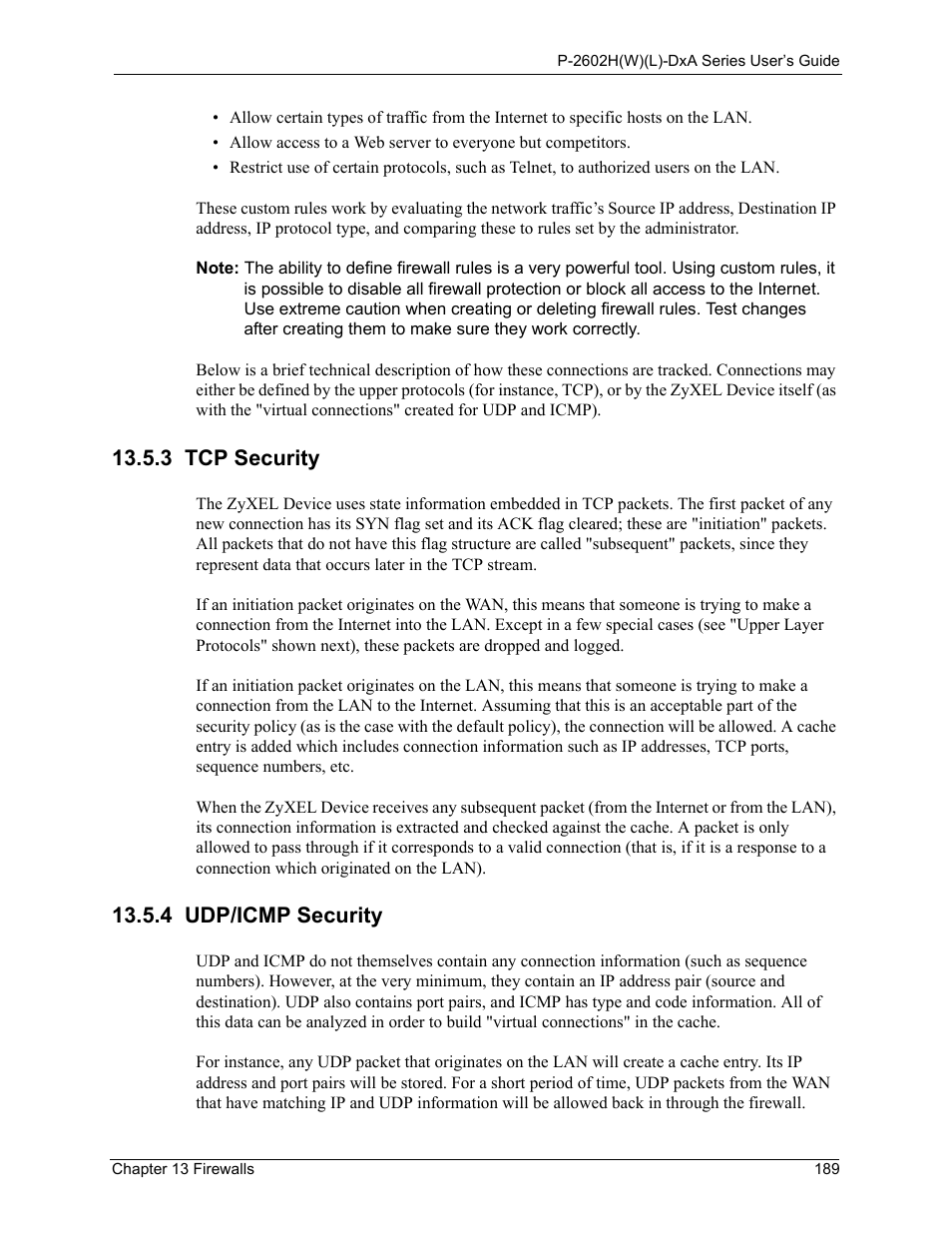3 tcp security, 4 udp/icmp security, 3 tcp security 13.5.4 udp/icmp security | ZyXEL Communications P-2602HW(L) Series User Manual | Page 189 / 427