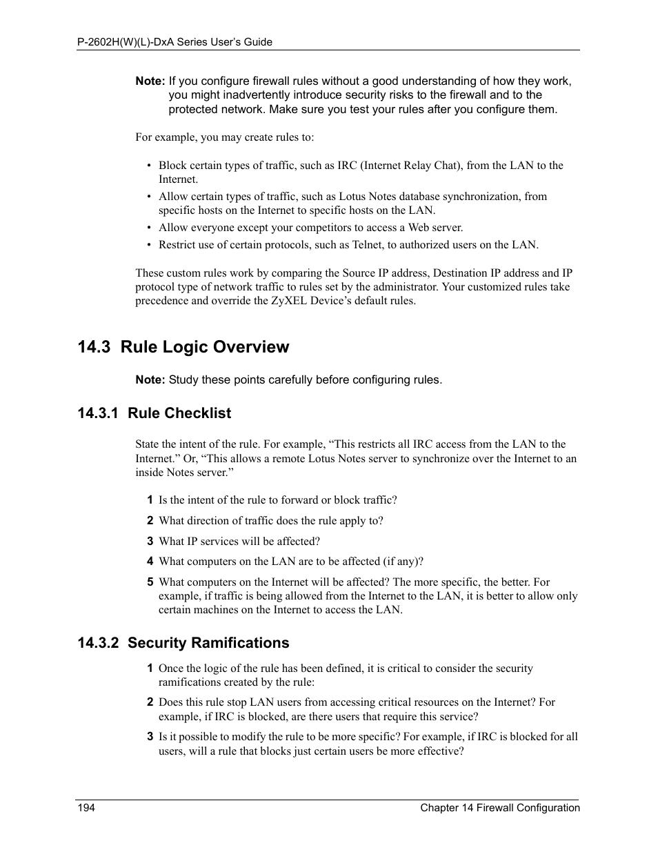 3 rule logic overview, 1 rule checklist, 2 security ramifications | 1 rule checklist 14.3.2 security ramifications | ZyXEL Communications P-2602HW(L) Series User Manual | Page 194 / 427
