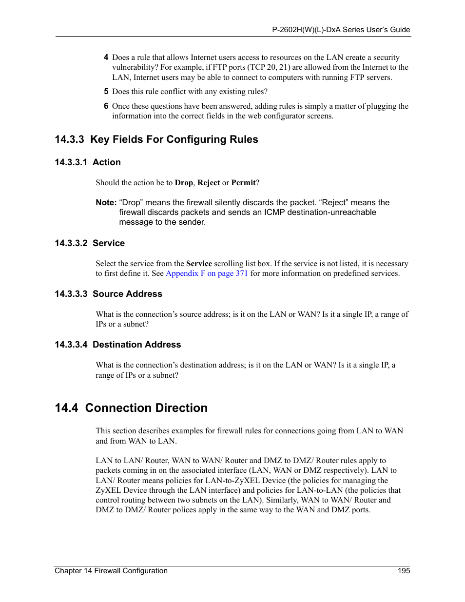 3 key fields for configuring rules, 1 action, 2 service | 3 source address, 4 destination address, 4 connection direction | ZyXEL Communications P-2602HW(L) Series User Manual | Page 195 / 427