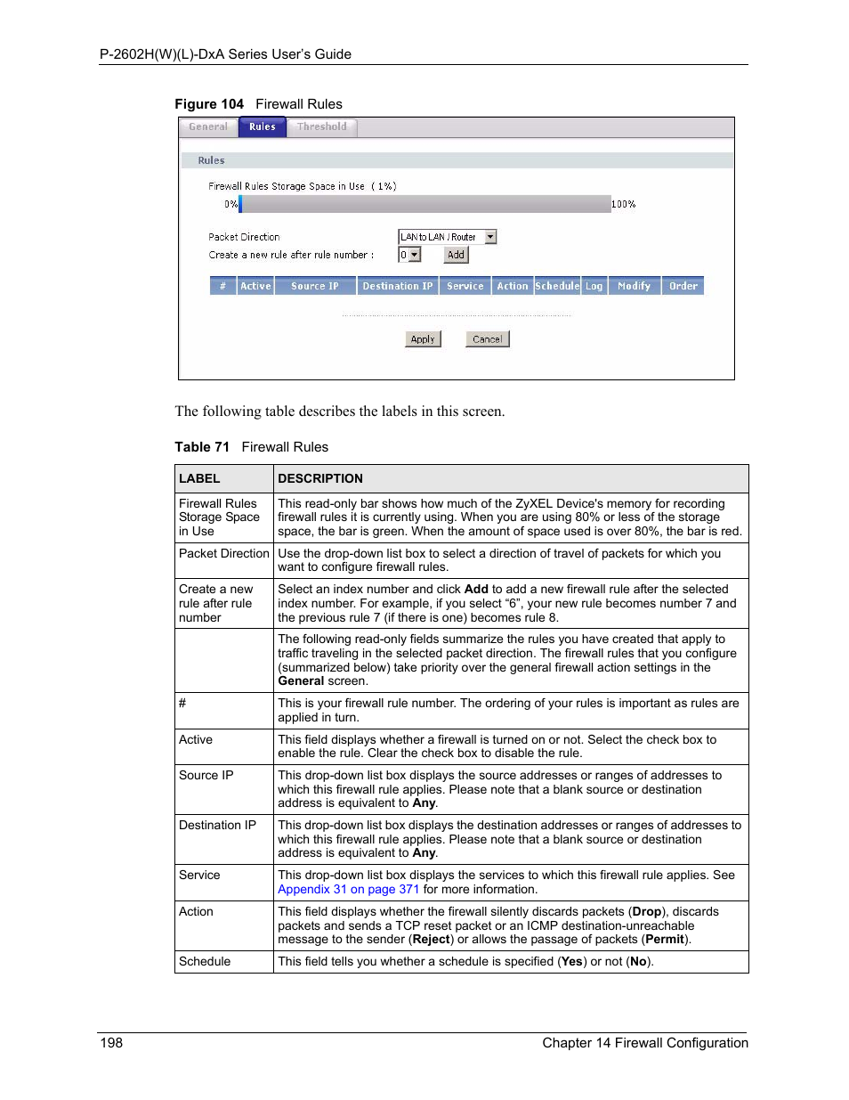 Figure 104 firewall rules, Table 71 firewall rules | ZyXEL Communications P-2602HW(L) Series User Manual | Page 198 / 427