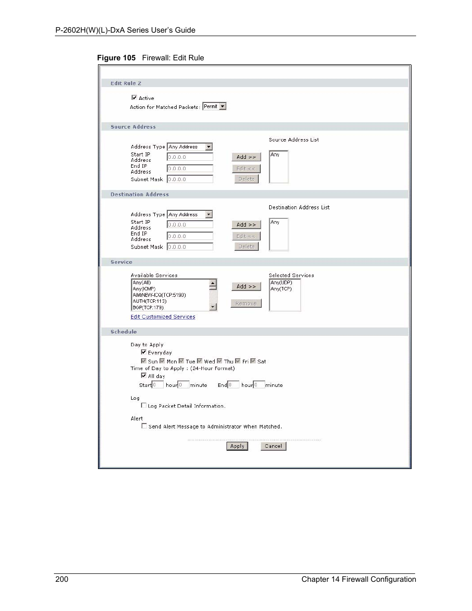 Figure 105 firewall: edit rule, Figure 105 | ZyXEL Communications P-2602HW(L) Series User Manual | Page 200 / 427