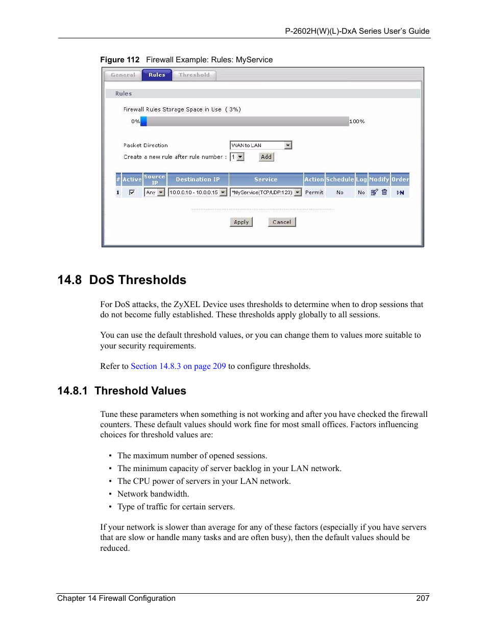 1 threshold values, 8 dos thresholds, Figure 112 firewall example: rules: myservice | ZyXEL Communications P-2602HW(L) Series User Manual | Page 207 / 427