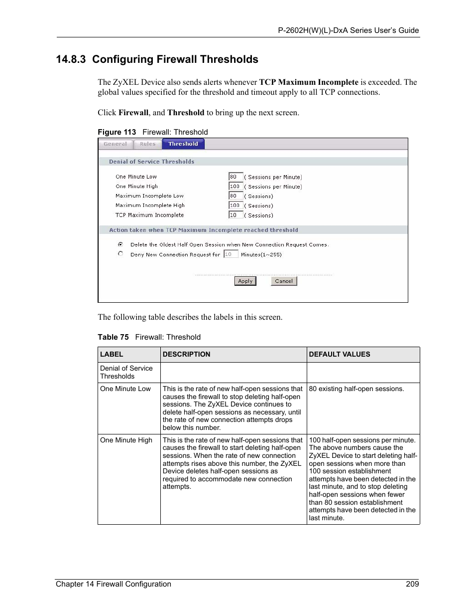 3 configuring firewall thresholds, Figure 113 firewall: threshold, Table 75 firewall: threshold | Refer to | ZyXEL Communications P-2602HW(L) Series User Manual | Page 209 / 427