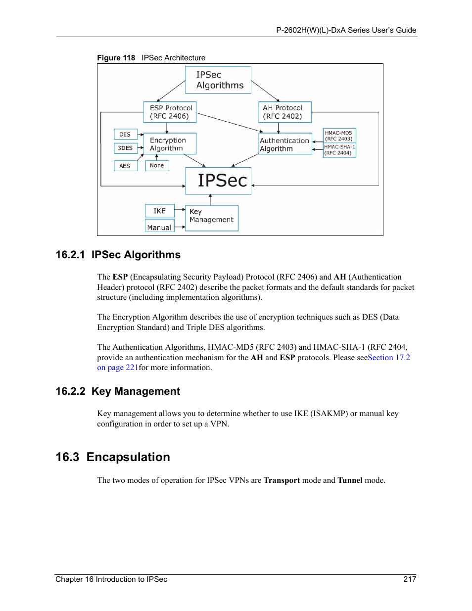 1 ipsec algorithms, 2 key management, 3 encapsulation | 1 ipsec algorithms 16.2.2 key management, Figure 118 ipsec architecture | ZyXEL Communications P-2602HW(L) Series User Manual | Page 217 / 427
