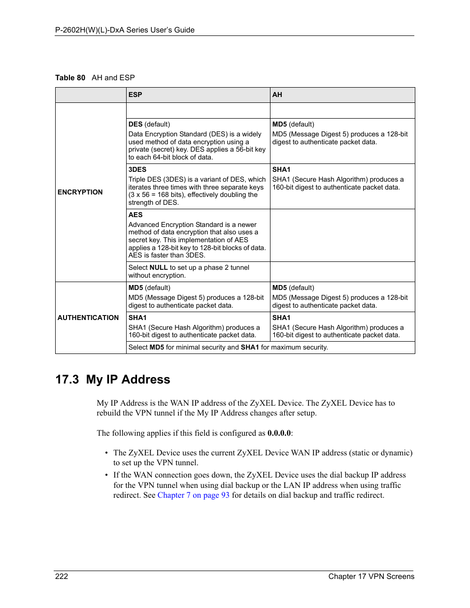 3 my ip address, Table 80 ah and esp | ZyXEL Communications P-2602HW(L) Series User Manual | Page 222 / 427