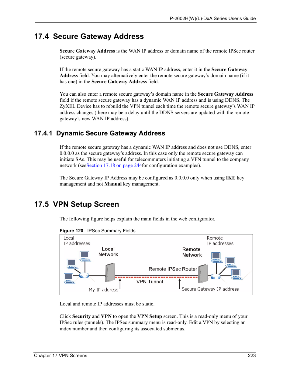 4 secure gateway address, 1 dynamic secure gateway address, 5 vpn setup screen | Figure 120 ipsec summary fields | ZyXEL Communications P-2602HW(L) Series User Manual | Page 223 / 427