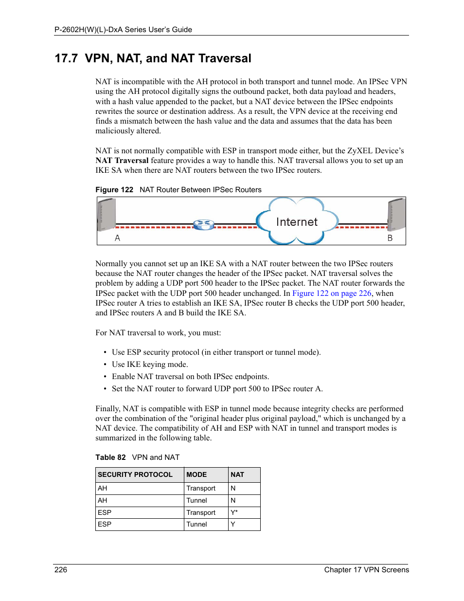 7 vpn, nat, and nat traversal, Figure 122 nat router between ipsec routers, Table 82 vpn and nat | ZyXEL Communications P-2602HW(L) Series User Manual | Page 226 / 427