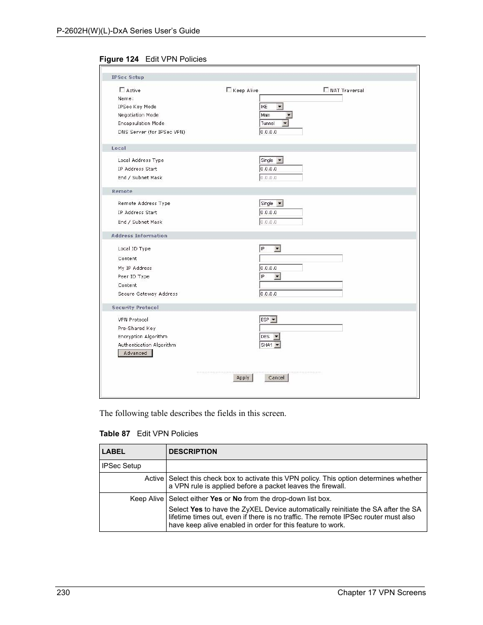 Figure 124 edit vpn policies, Table 87 edit vpn policies | ZyXEL Communications P-2602HW(L) Series User Manual | Page 230 / 427